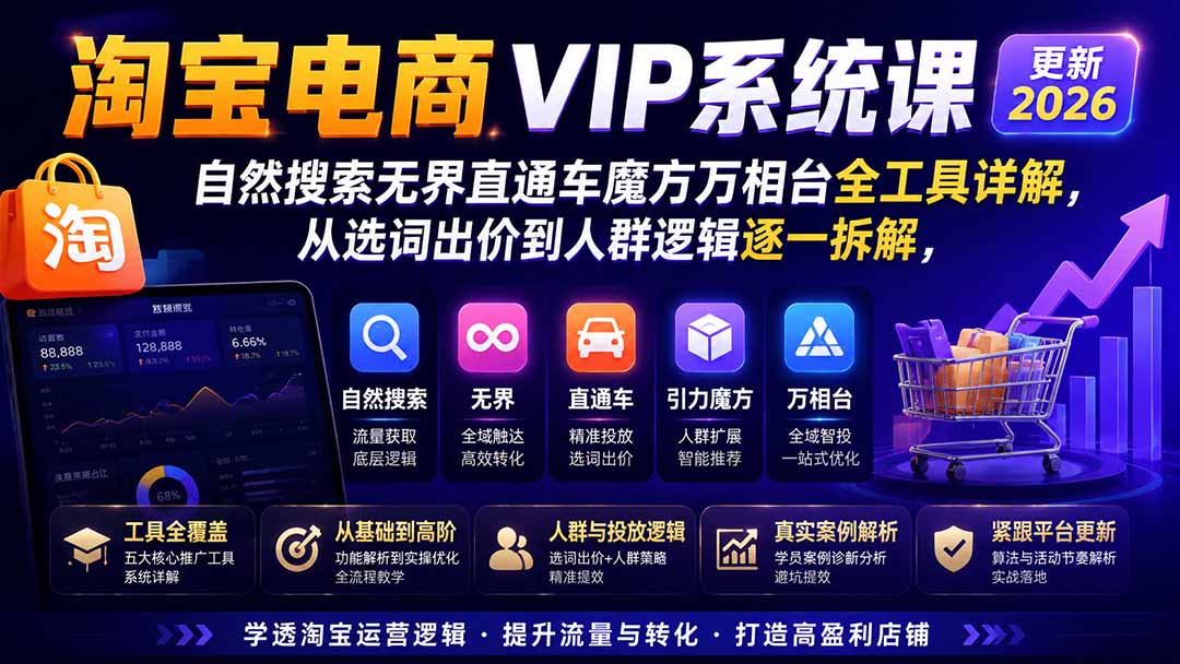 2026淘宝电商终局之战VIP课-更新1015:自然搜索+直通车+无界+精准人群,系统掌握测款动销与全店推广布局方法-优优云网创