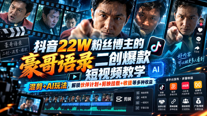 抖音22W粉丝博主的豪哥语录二创爆款短视频教学,混剪+AI玩法,解锁伙伴计划+剪映挂载+收徒等多种收益-优优云网创
