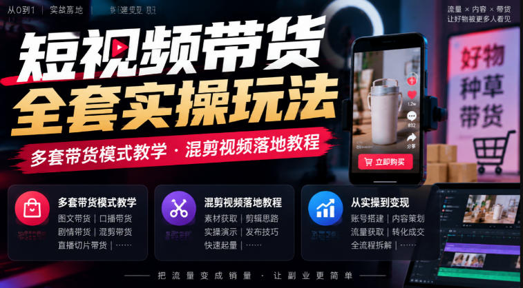 短视频带货全套实操玩法,多套带货模式教学,混剪视频落地教程-优优云网创