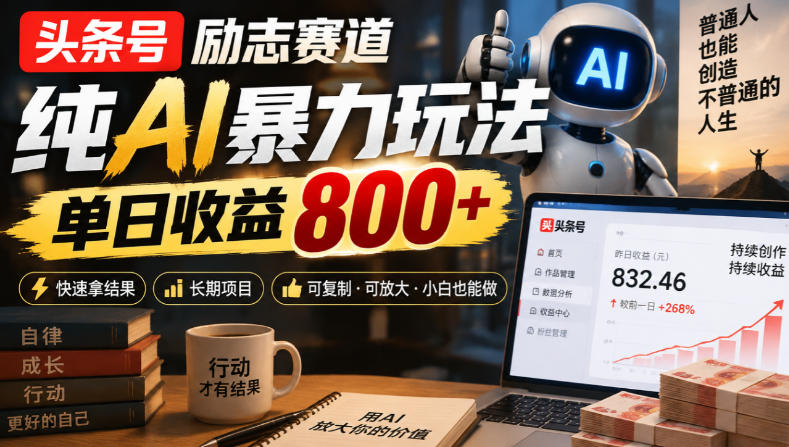 头条号励志赛道,纯AI暴力玩法,单日收益800+,快速拿结果,长期项目-优优云网创