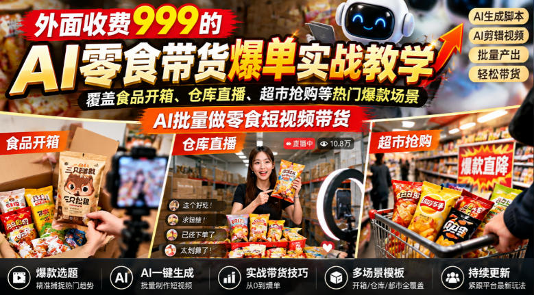 外面收费999的AI零食带货爆单实战教学,覆盖食品开箱、仓库直播、超市抢购等热门爆款场景,AI批量做零食短视频带货-优优云网创