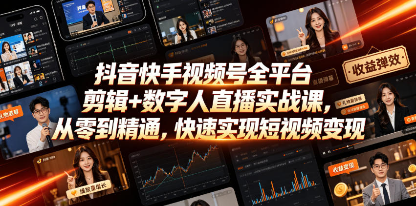 抖音快手视频号全平台剪辑+数字人直播实战课,从零到精通,快速实现短视频变现(更新2026年10月)-优优云网创