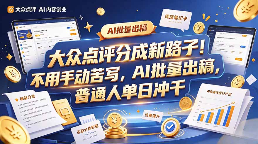 大众点评副业新玩法,工具提效解放双手,批量做笔记,单日可破千-优优云网创