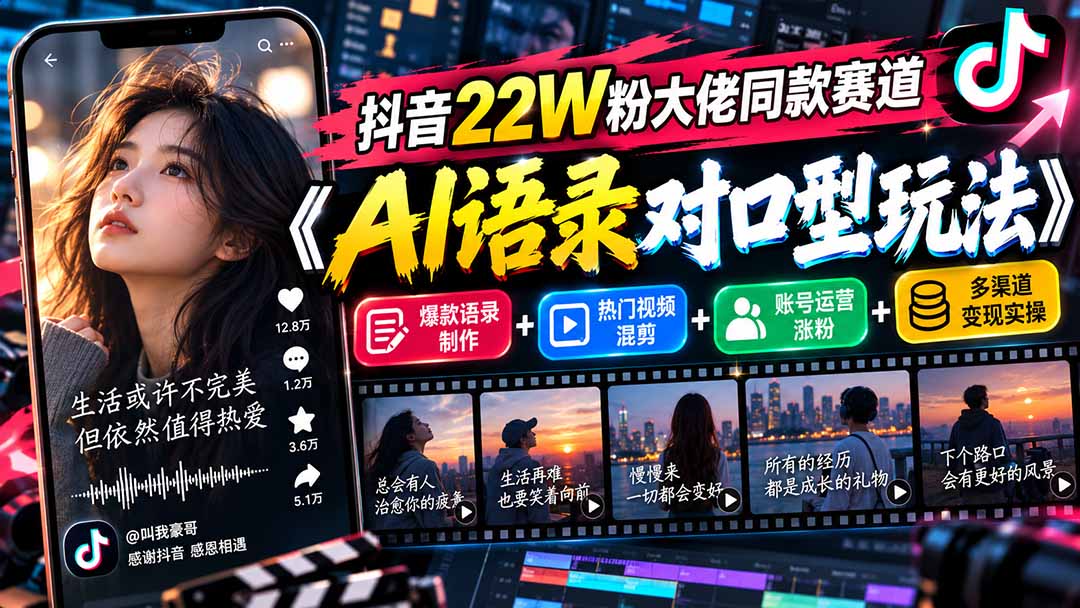 抖音22W粉大佬同款赛道《AI语录对口型玩法》:爆款语录制作+热门视频混剪+账号运营涨粉+多渠道变现实操-优优云网创