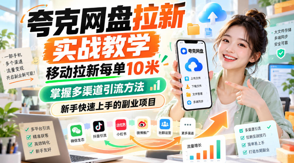 夸克网盘拉新实战教学,移动拉新每单10米,掌握多渠道引流方法,新手快速上手的副业项目(更新1017)-优优云网创