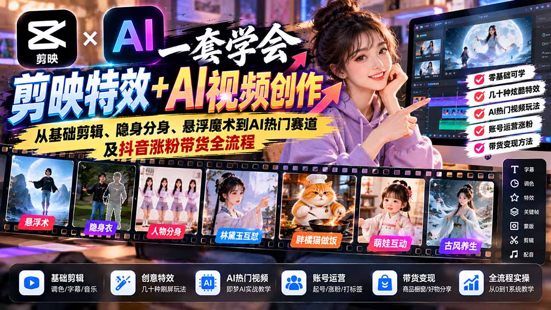 一套学会剪映特效+AI视频创作:从基础剪辑、隐身分身、悬浮魔术到AI热门赛道及抖音涨粉带货全流程-优优云网创