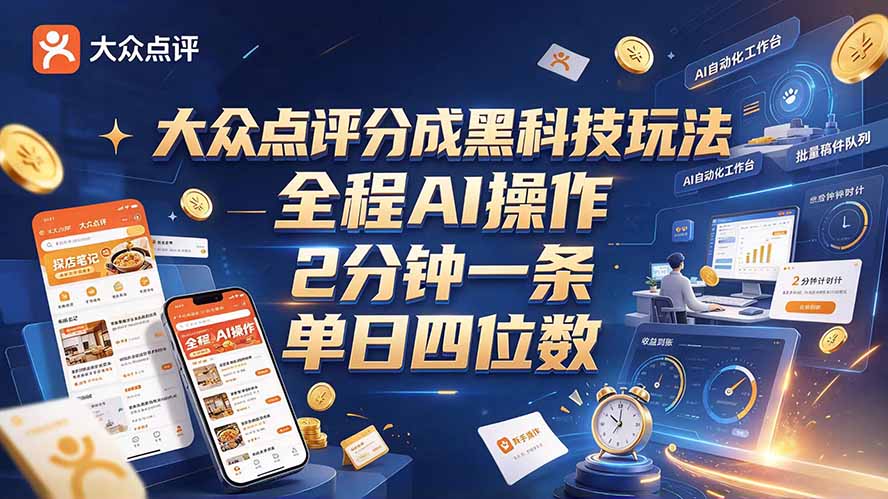 大众点评分成全网独家玩法,AI 全自动出内容,2 分钟一条,小白可冲单日四位数-优优云网创