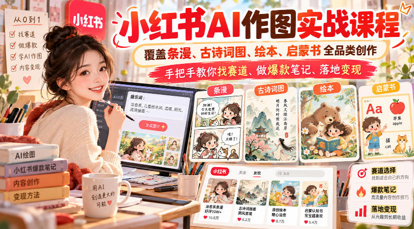 小红书AI作图实战课程,覆盖条漫、古诗词图、绘本、启蒙书全品类创作,手把手教你找赛道、做爆款笔记、落地变现(更新1017)-优优云网创