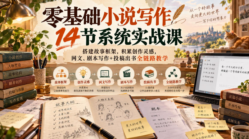零基础小说写作14节系统实战课,搭建故事框架,积累创作灵感,网文、剧本写作+投稿出书全链路教学-优优云网创