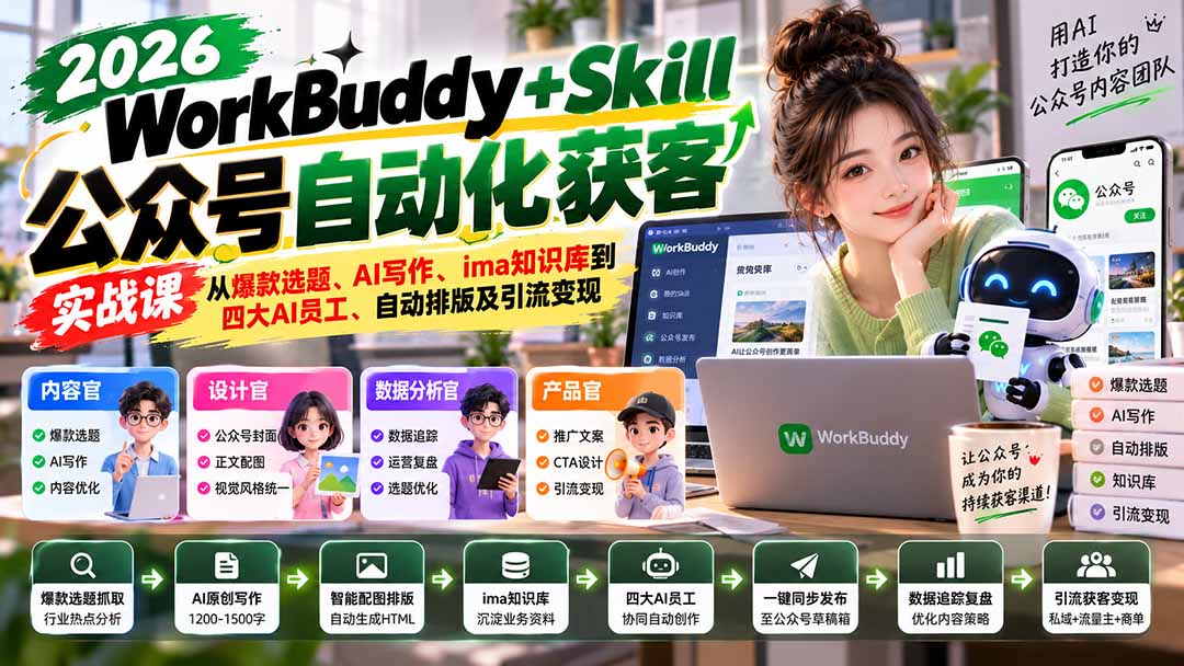 WorkBuddy + Skill公众号自动化获客实战课:从爆款选题、AI写作、ima知识库到四大AI员工、自动排版及引流变现-优优云网创