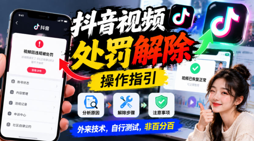 抖音视频处罚解除操作指引,外来技术,自行测试,非百分百-优优云网创
