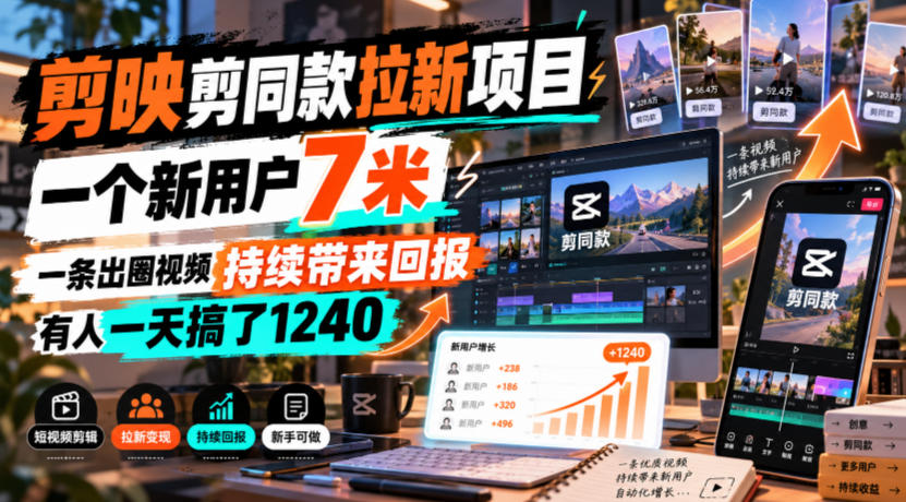 剪映剪同款拉新项目,一个新用户7米,一条出圈视频持续带来回报,有人一天搞了1240-优优云网创