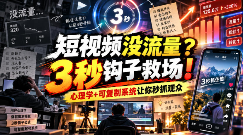 【无水印】短视频没流量?3秒钩子救场!心理学+可复制系统让你秒抓观众【原创双语字幕】-优优云网创