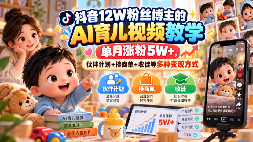 抖音12W粉丝博主的AI育儿视频教学,单月涨粉5W+,伙伴计划+接商单+收徒等多种变现方式-优优云网创