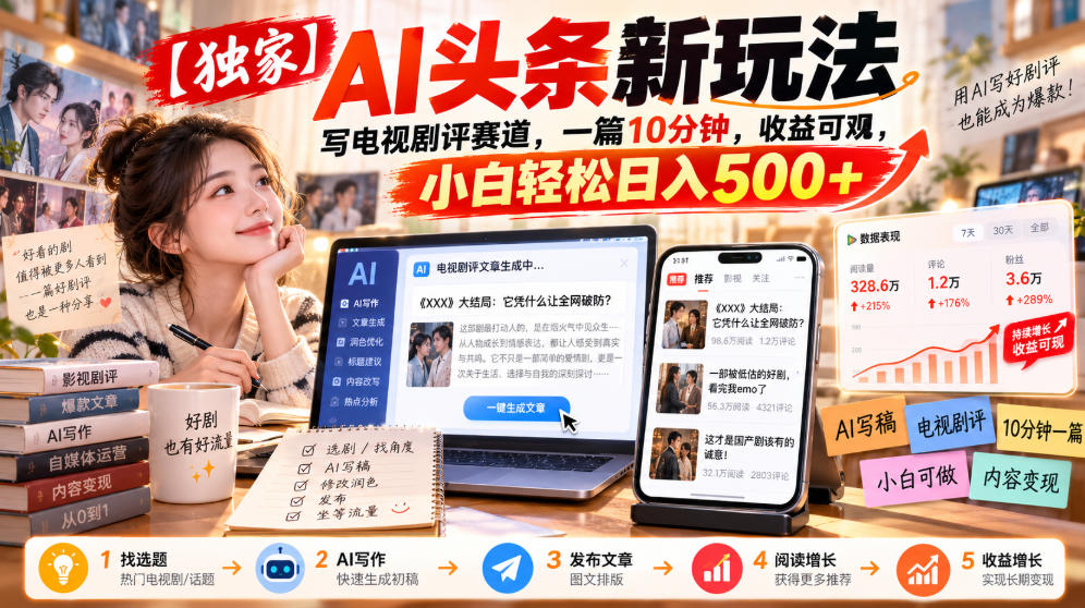 【独家】AI头条新玩法,写电视剧评赛道,一篇10分钟,收益可观,小白轻松日入500+-优优云网创