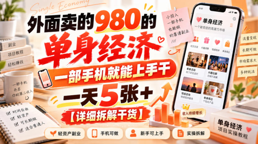 外面卖的980的单身经济,一部手机就能上手干,一天5张+【详细拆解干货】-优优云网创