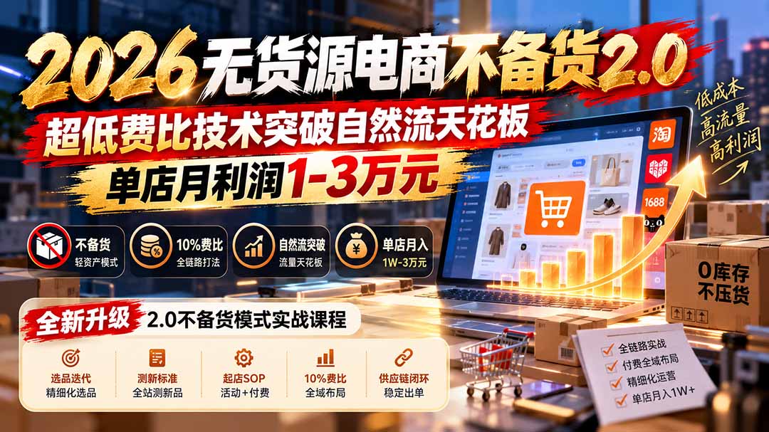 2026无货源电商不备货2.0【更新1019】：超低费比技术突破自然流天花板，单店月利润1-3万元-优优云网创
