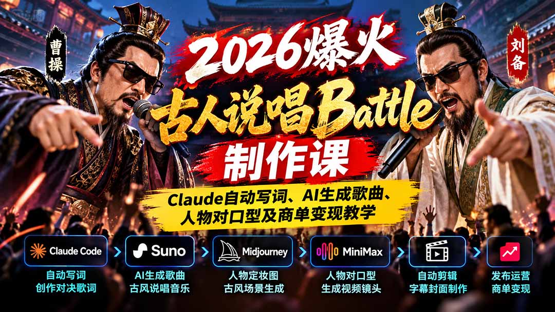 2026爆火古人说唱Battle制作课：Claude自动写词、AI生成歌曲、人物对口型及商单变现教学-优优云网创