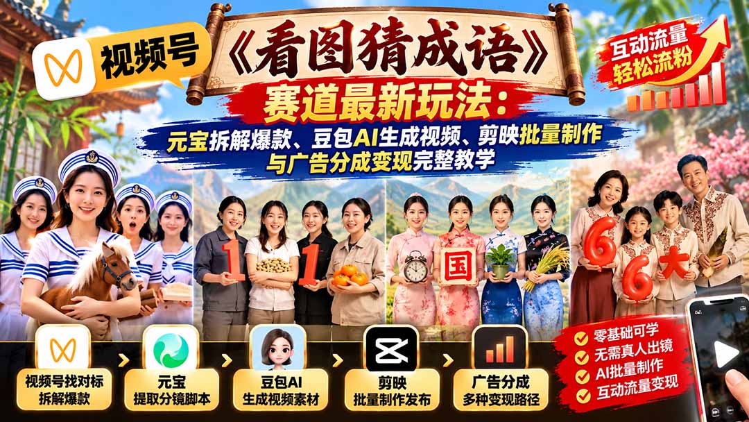 视频号《看图猜成语》赛道最新玩法：元宝拆解爆款、豆包AI生成视频、剪映批量制作与广告分成变现完整教学-优优云网创
