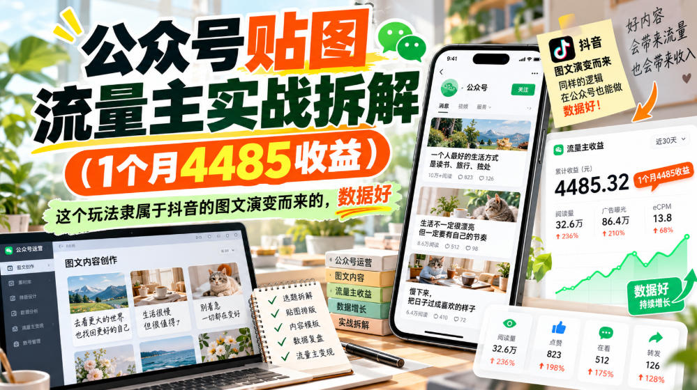 公众号贴图流量主实战拆解(1个月4485收益)，这个玩法隶属于抖音的图文演变而来的，数据好-优优云网创