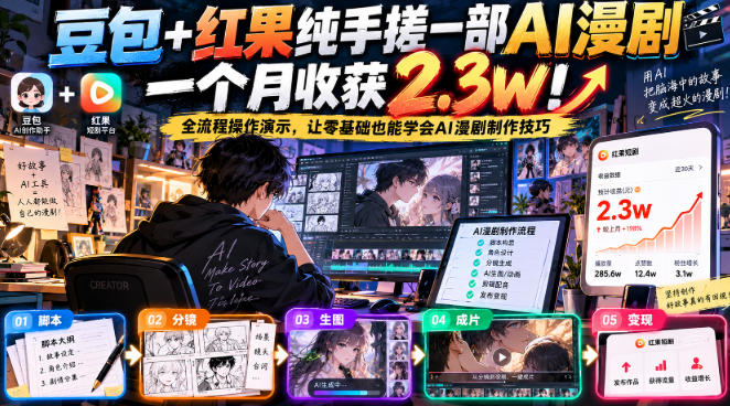 豆包+红果纯手搓一部AI漫剧一个月收获2.3w！全流程操作演示，让零基础也能学会AI漫剧制作技巧-优优云网创