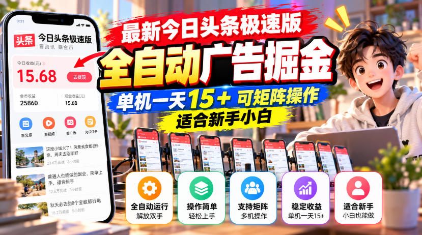 最新今日头条极速版全自动广告掘金,单机一天15+可矩阵操作适合新手小白-优优云网创