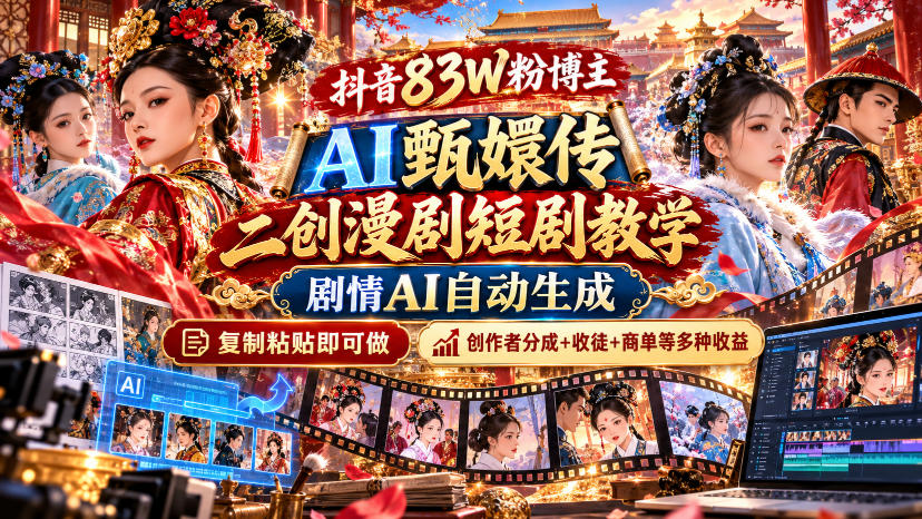 抖音83W粉博主AI甄嬛传二创漫剧短剧教学|剧情AI自动生成,复制粘贴即可做,各大平台创作者分成+收徒等多种收益-优优云网创