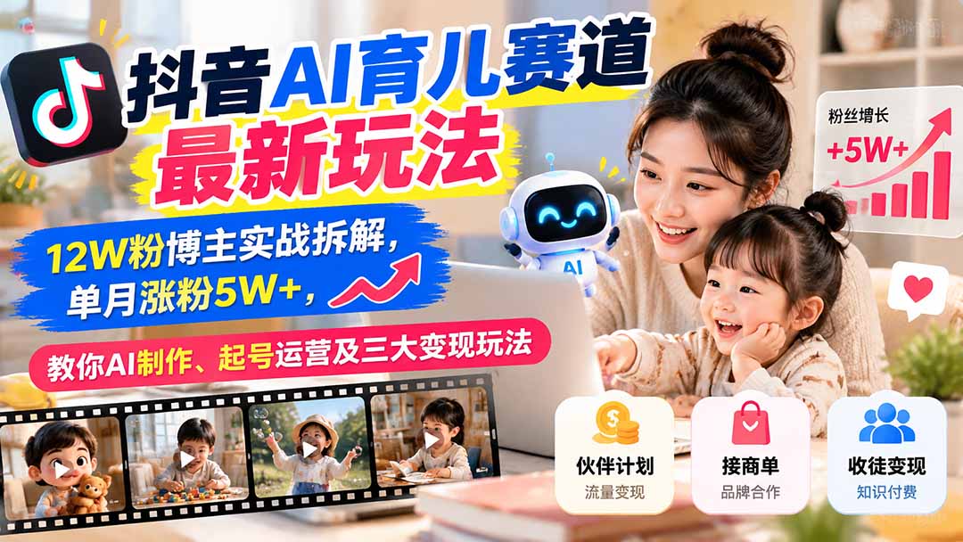 抖音AI育儿赛道最新玩法:12W粉博主实战拆解,单月涨粉5W+,教你AI制作、起号运营及三大变现玩法-优优云网创