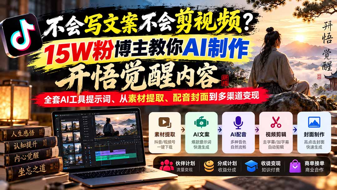 不会写文案不会剪视频?15W粉博主教你AI制作开悟觉醒内容,全套AI工具提示词、从素材提取、配音封面到多渠道变现-优优云网创